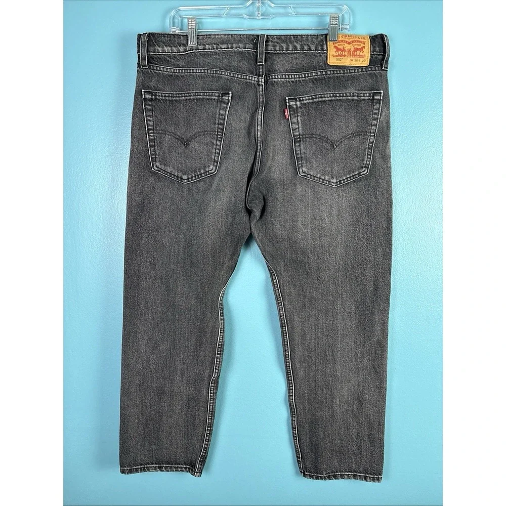 Levis 502 Jeans Mens 36x29 Black Tapered Fit Denim Fade Whiskers